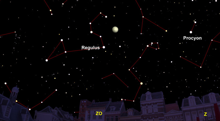 7 maart: Regulus (Leeuw) linksonder maan