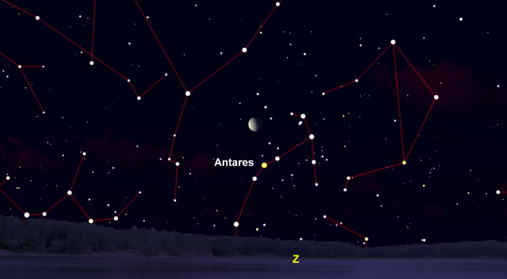 15 maart: maan boven Antares (ochtend)