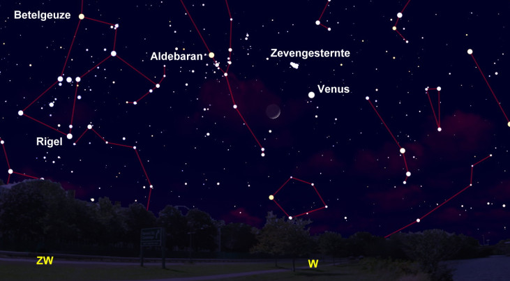 28 maart: maansikkel en Venus in westen (avond)