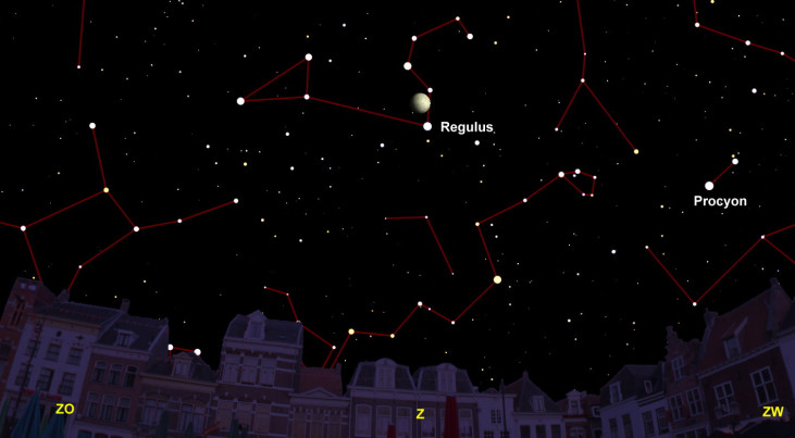 4 april: maan boven Regulus (Leeuw) in avond