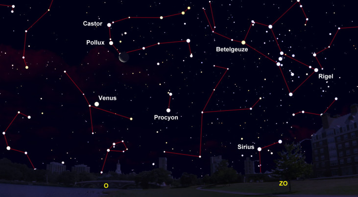 13 september: Castor en Pollux boven maan, Venus eronder