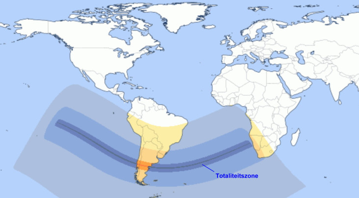 14 december: Nieuwe maan (zonsverduistering in zuiden van Chili)