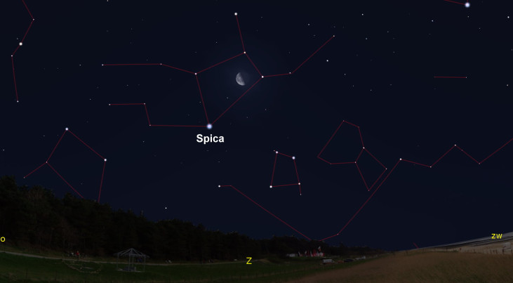 6 januari: Spica (Maagd) linksonder halve maan