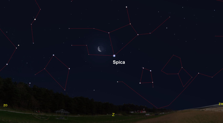 7 januari: Spica (Maagd) rechtsonder halve maan