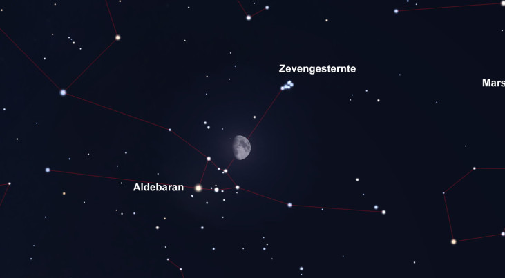 23 januari: Maan tussen Aldebaran en Zevengesternte