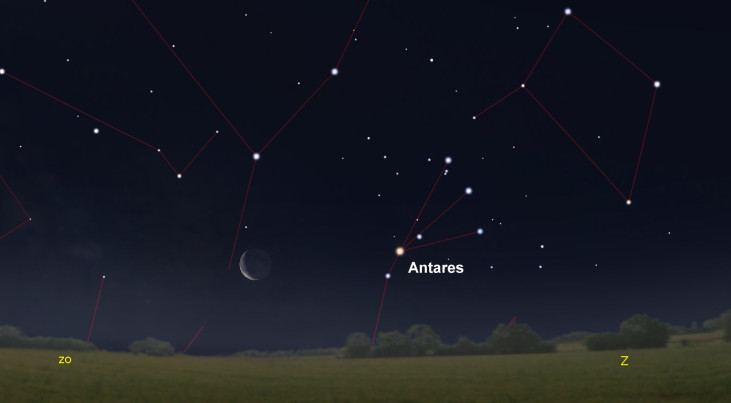 7 februari: Antares (Schorpioen) rechts van maan
