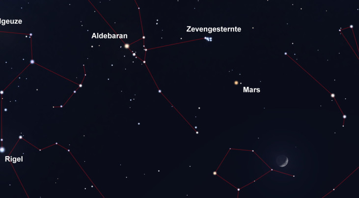 17 februari: Mars tussen maan en Zevengesternte