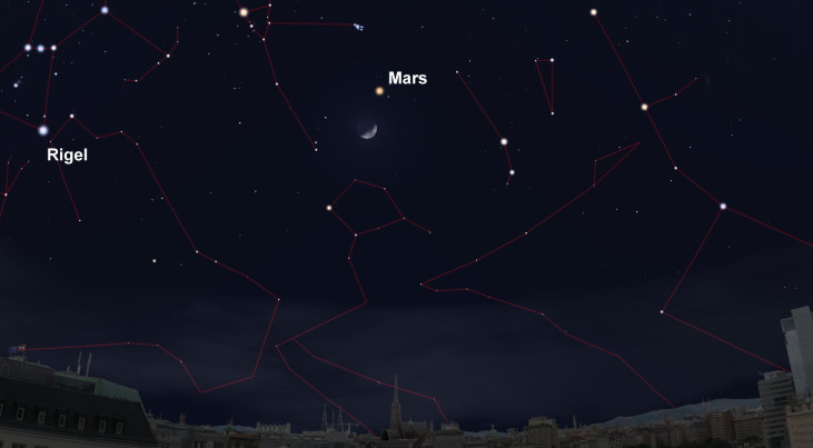 18 februari: Mars vlak boven maan (avond)