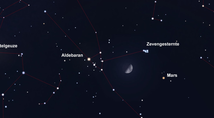 19 februari: Halve maan met Aldebaran links en Mars rechts