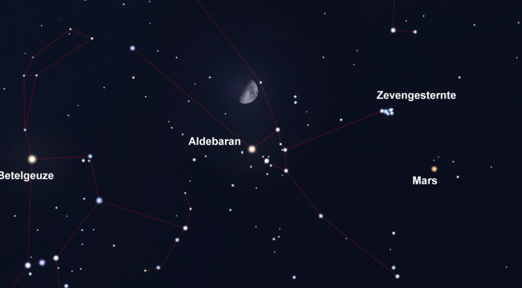 20 februari: Aldebaran (Stier) onder maan