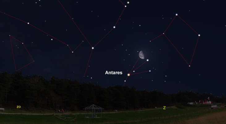 5 maart: Antares (Schorpioen) linksonder maan (ochtend)