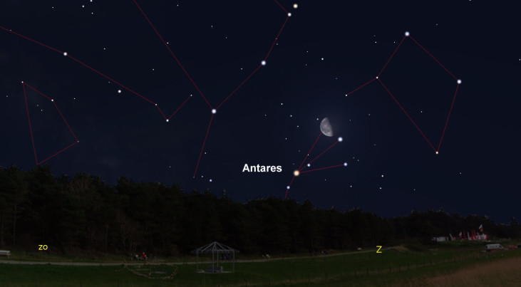 5 maart: Antares (Schorpioen) linksonder maan (ochtend)