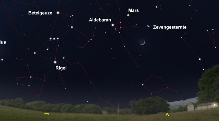 18 maart: Zevengesternte rechtsboven maan (avond)
