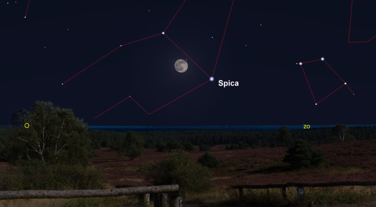 29 maart: Spica (Maagd) rechtsonder maan