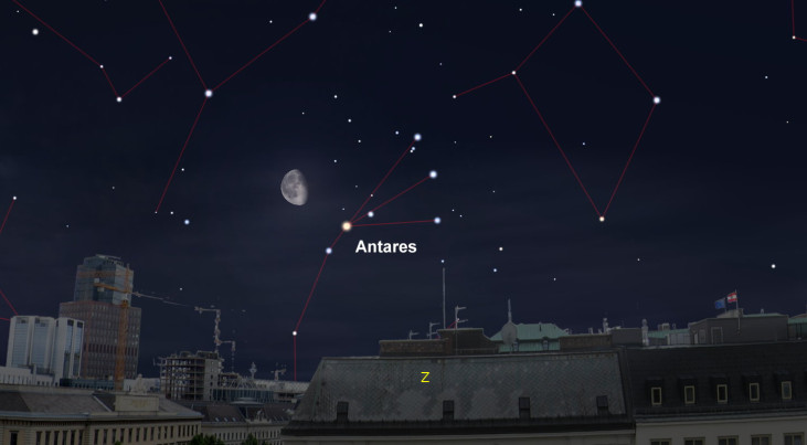 2 april: Antares rechtsonder maan (ochtend)