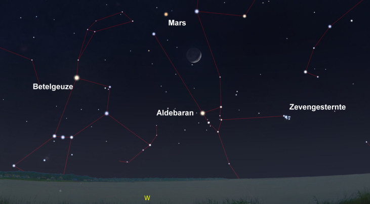 16 april: Maan geflankeerd door oranje Aldebaran en rode Mars