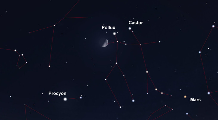 19 april: Castor en Pollux rechtsboven maan (avond)