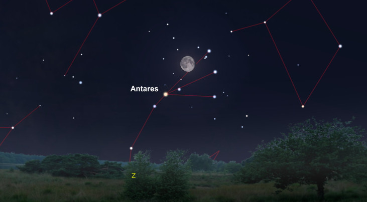 29 april: Antares (Schorpioen) linksonder maan (ochtend)