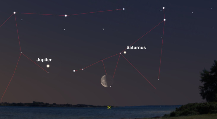 4 mei: Saturnus rechtsboven maan, Jupiter linksboven