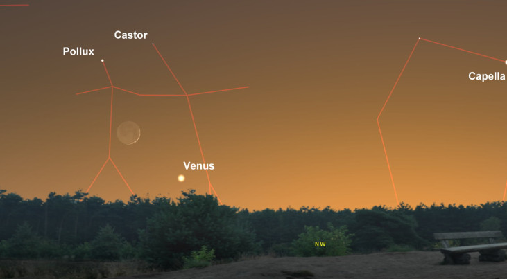 12 juni: Venus bij maansikkel (avond)