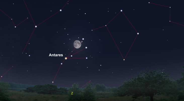 22 juni: Antares (Schorpioen) linksonder maan (avond)