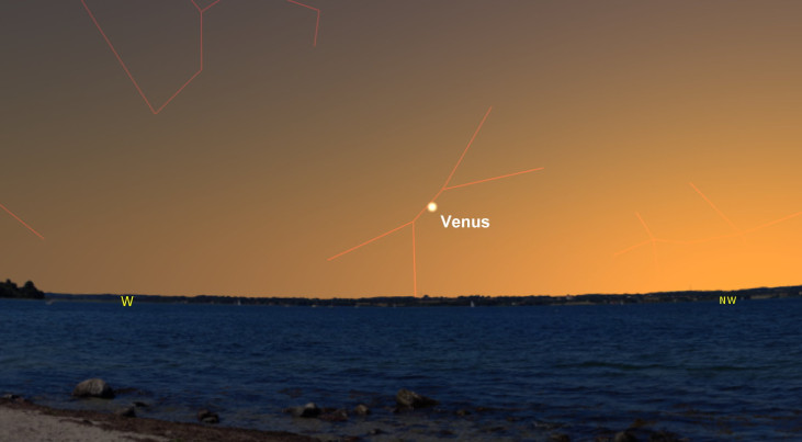 3 juli: Venus laag in westnoordwesten (zonsondergang)