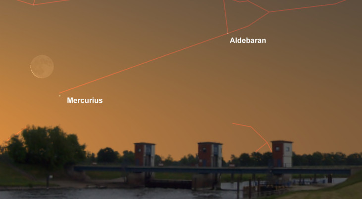 8 juli: Maansikkel linksboven Mercurius (zonsopgang)