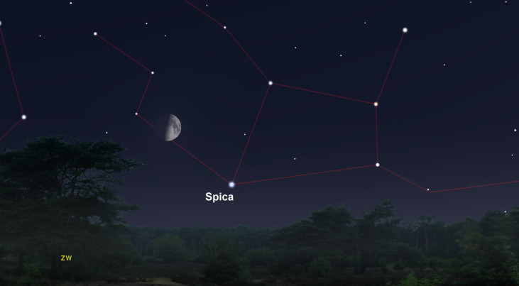 17 juli: Spica (Maagd) rechtsonder halve maan (avond)