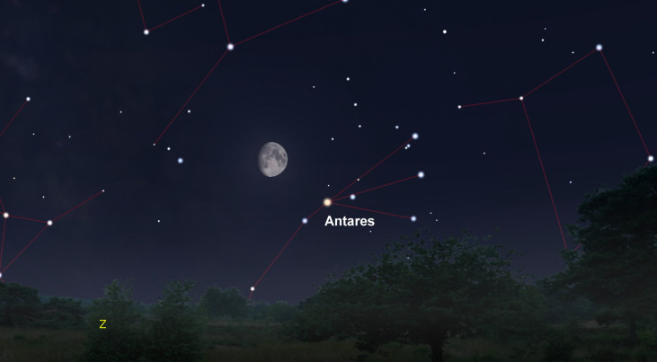 20 juli: Antares (Schorpioen) rechtsonder maan (avond)