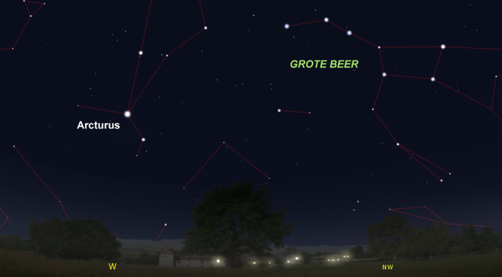 18 augustus: Arcturus (Ossenhoeder) hoog in westen (avond)