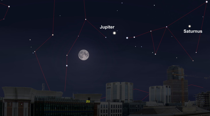 22 augustus: Jupiter rechtsboven volle maan (avond)