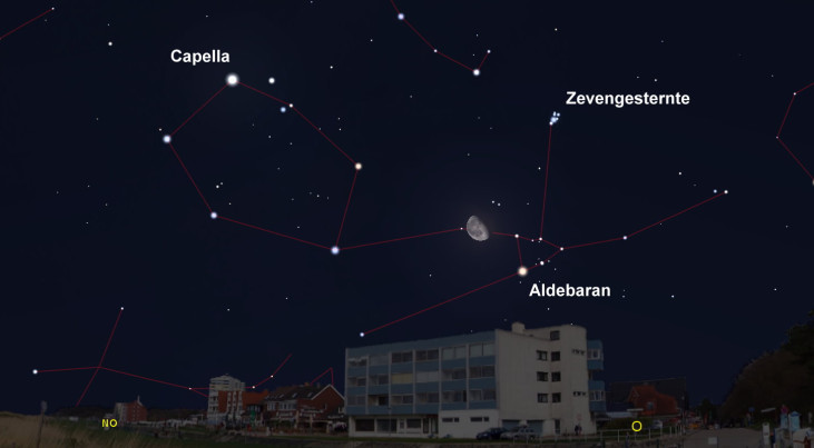 26 september: Aldebaran (Stier) rechtsonder maan (nacht)