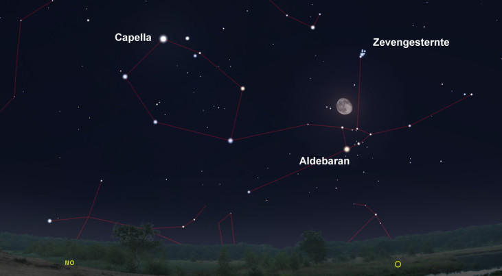 23 oktober: Aldebaran (Stier) onder opkomende maan
