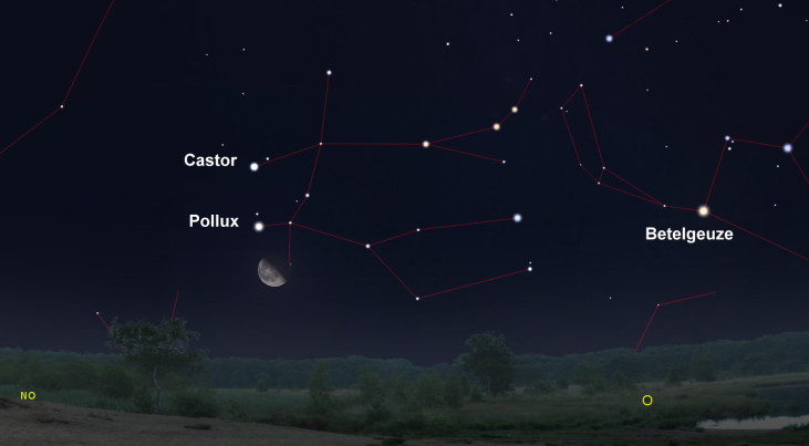 27 oktober: Castor en Pollux (Tweelingen) boven maan (nacht)