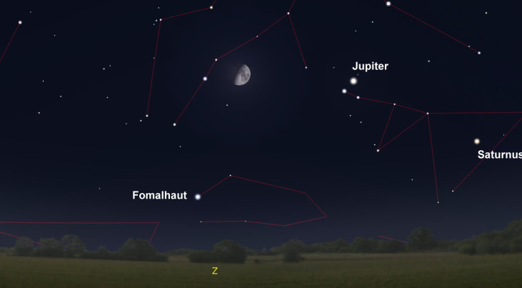 12 november: Fomalhaut (Zuidervis) linksonder maan (avond)