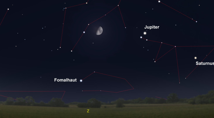 12 november: Fomalhaut (Zuidervis) linksonder maan (avond)