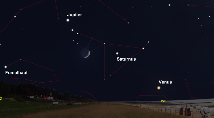 8 december: Jupiter, Saturnus en maan dichtbij elkaar (avond)