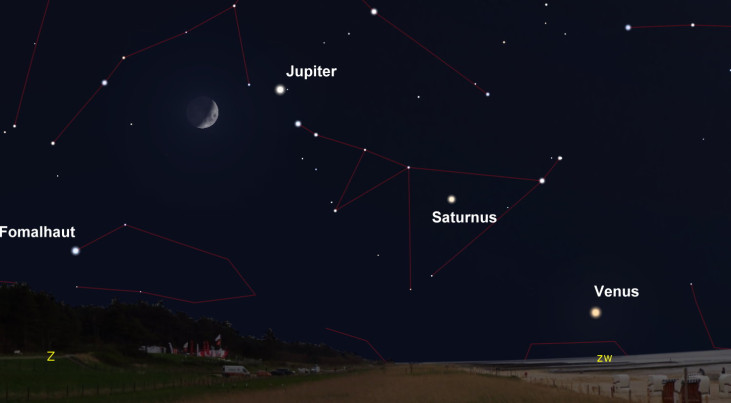 9 december: Jupiter rechtsboven maan (avond)