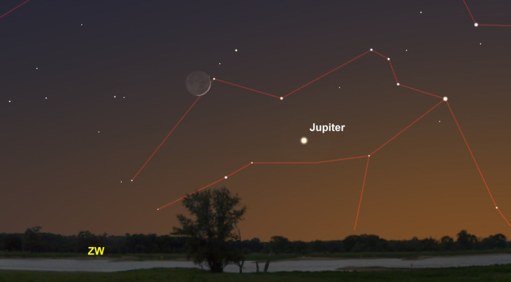 3 februari: Jupiter rechtsonder maansikkel