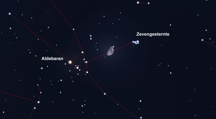 9 februari: Maan tussen Zevengesternte en Aldebaran