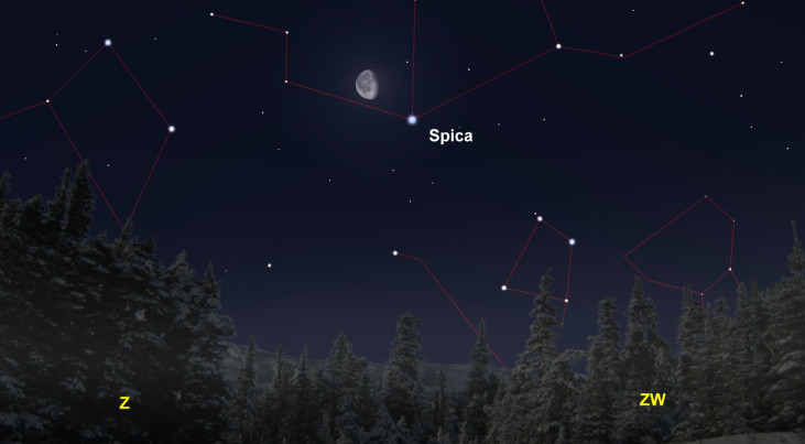 21 februari: Heel vroeg: Spica rechtsonder maan