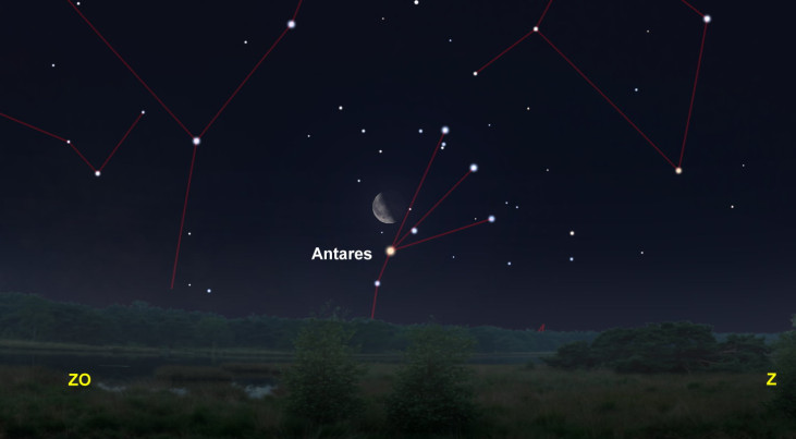 24 februari: Halve maan in buurt van Antares (Schorpioen)