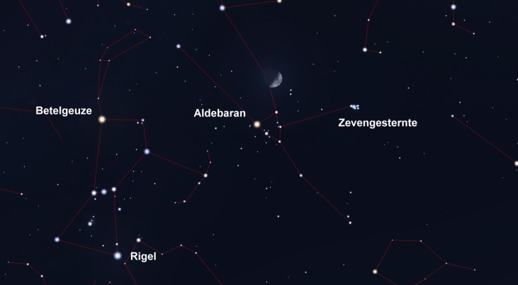 9 maart: Maan bij Zevengesternte en Aldebaran