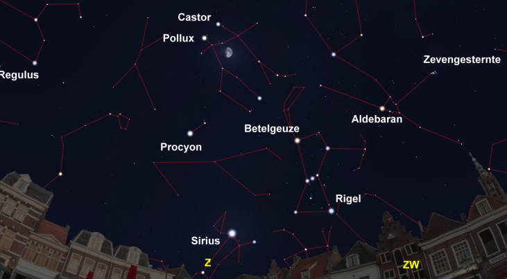 12 maart: Castor en Pollux linksboven maan