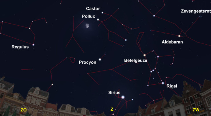 13 maart: Castor en Pollux rechtsboven maan