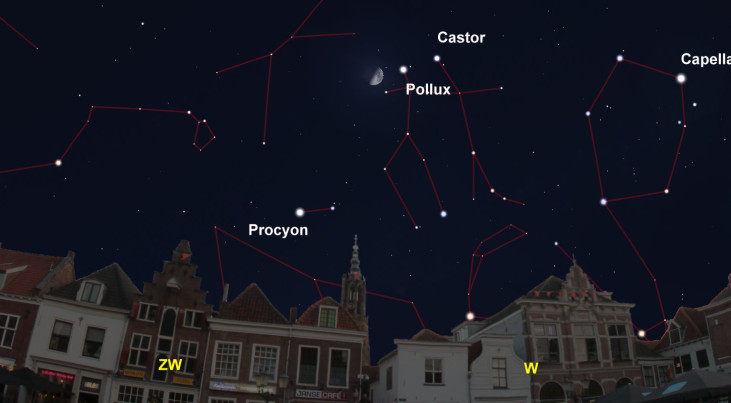 9 april: Castor en Pollux rechts van maan