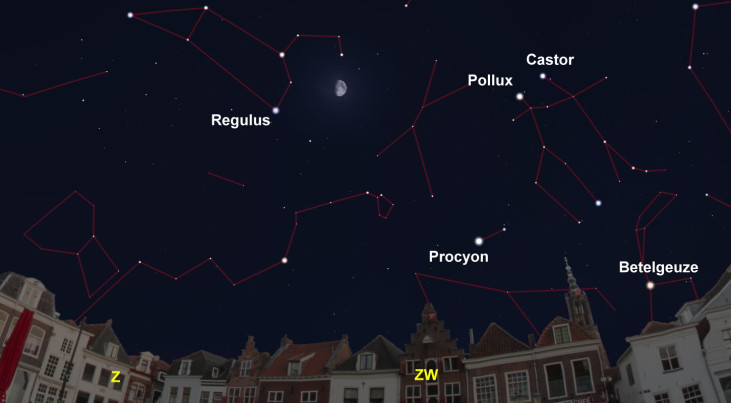 11 april: Regulus (Leeuw) linksonder maan