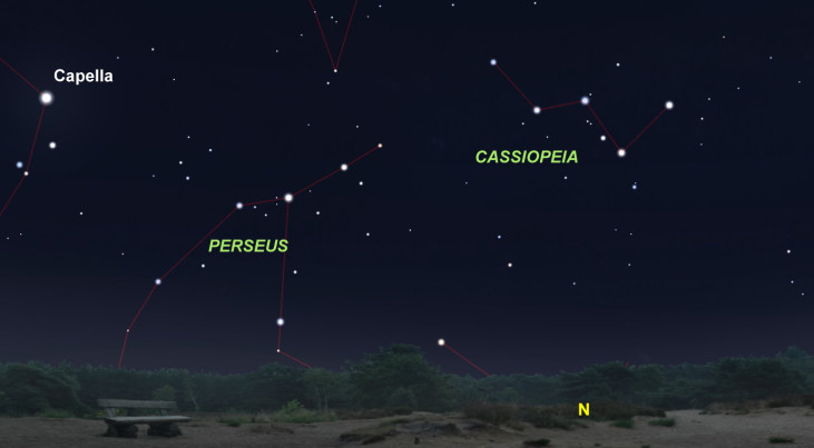 11 mei: Cassiopeia laag aan noordelijke hemel