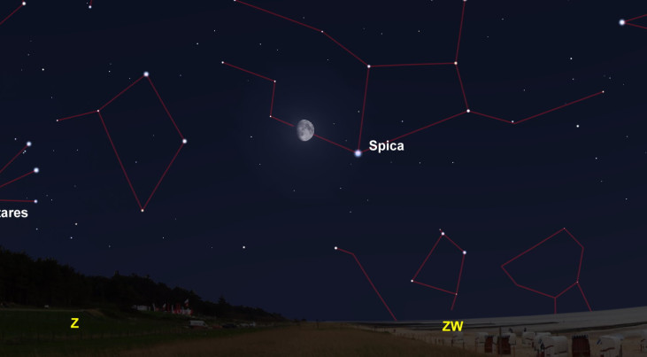 10 juni: Spica rechtsonder maan