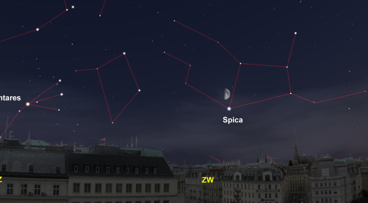 7 juli: Spica (Maagd) onder halve maan